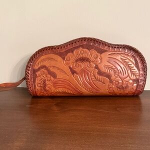 Brown Leather Clutch with Floral Design